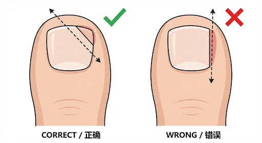 Correct vs wrong nail cutting technique diagram from Zheng Yuan Yuan